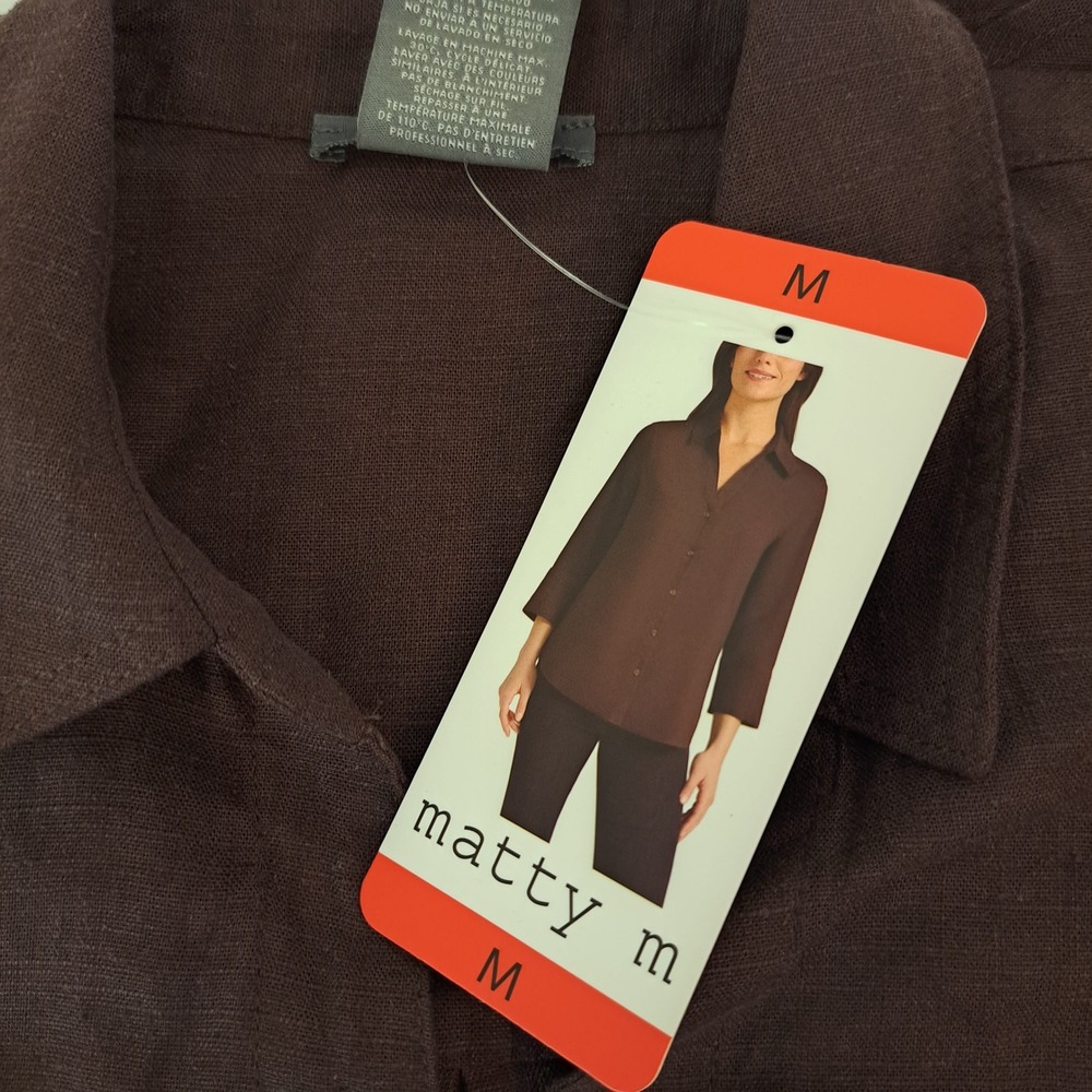 Matty‎ M Womens Chocolate Brown Linen Blend 3/4 Sleeve Button Down MED 774-271